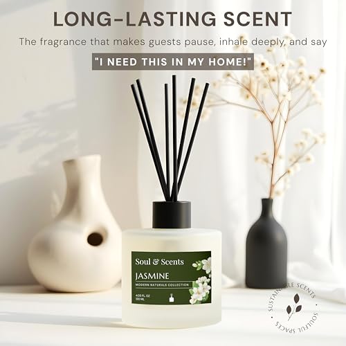 Image of Soul & Scents Jasmine Reed Diffuser Set - 120ml with Free 6 Fiber Reed Sticks Each | Toxin Free & Stress Relief | Long Lasting | Smoke Less Room Freshener for Home, Bedroom & Office | Pack of 2