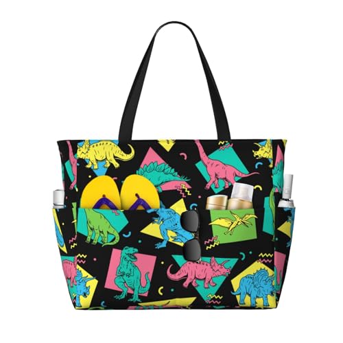 Large Beach Bags Water-resistant Sandproof - Cartoon Dinosaurs Kids Cute Beach Tote Bags for Women with Zipper