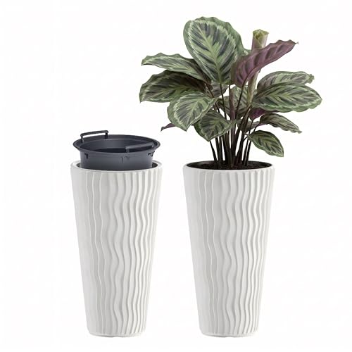 Image of GEEZY Tall Slim Wavy Plant Pot with Insert, 53.1 x 29.7 cm - Weather Resistant White Indoor & Outdoor Planter - Modern Flower Pots for Home, Garden & Patio