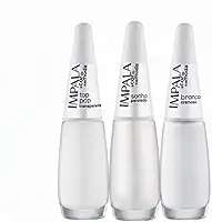 Impala Kit 3 Esmaltes Branquinhos, Top Pop Transparente Perolado, Sonho Translúcido Cremoso, Branco Puro Cremoso, Francesinha, Secagem Rápida