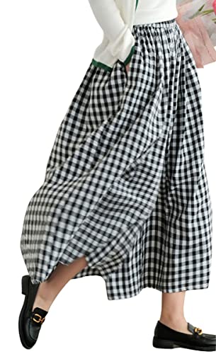 chouyatou Women's Cotton Linen Pants Elastic Waist Plaid Gingham Wide Leg Capri Palazzo Pants