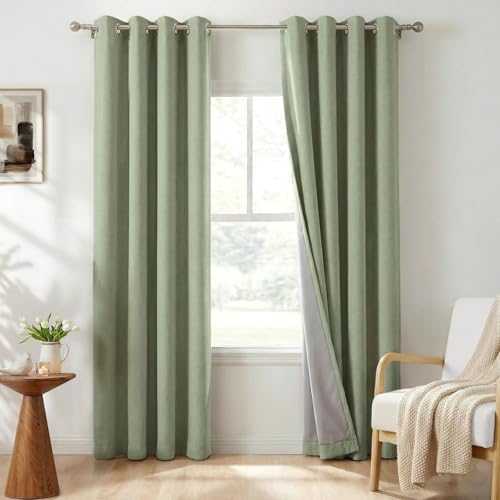 Image of 100% Blackout Shield Linen Textured Total Blackout Curtains for Bedroom 84 Inches Long, Sage Green Grommet Curtains for Living Room, Thermal Insulated Room Darkening Drapes, 50 inch W x 84 inch L, 2 Panels