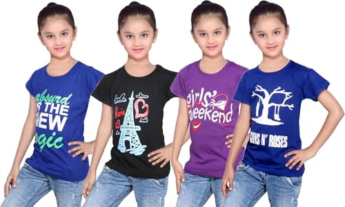Image of indi weaves Girls Pure Cotton Chest Printed Half Sleeves Round Neck T-Shirts (Pack of 4)