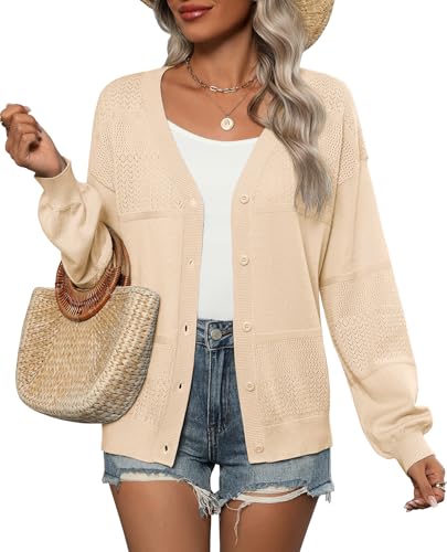 Zeagoo 2025 Womens Cardigan Casual Long Sleeve Lightweight Crochet Shrug V Neck Tops Button Down Soft Knit Sweater Beige