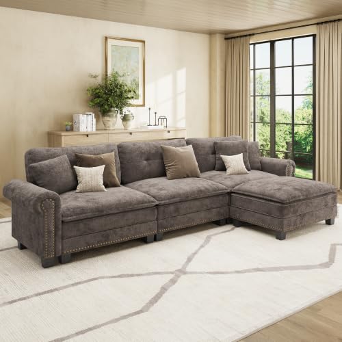 Image of HERA'S HOUSE 116 inch Oversized L Shaped Modular Sectional Couch Living Room | Mid-Century Modern 4-Seater Cloud Sofa, Grayish Brown, Rolled Arms & Nailhead Trim, Wider & Deeper Seats, Ottoman, Chenille