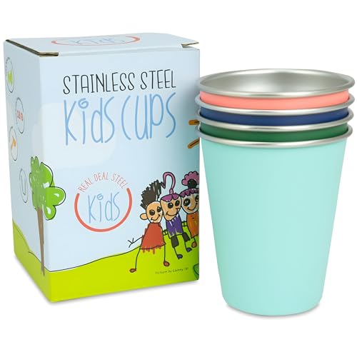Image of Stainless Steel Kids Cups - Set of 4 - Metal Cups for Children and Toddlers, Premium 10 oz Drinking Glasses in Fun Colors, BPA Free, Unbreakable (Assorted 2)