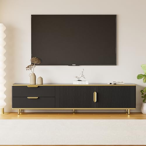 Meuble TV 175cm Moderne avec Texture Marbrée, Meuble Télé Poignées et Pieds Dorés, Table TV Bois pour Salon Ample Rangement