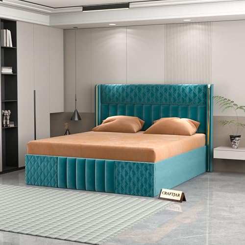 CRAFTJAR Modern Wooden Upholstered King Size Bed for Bedroom | Double Bed with Box Storage | Platform Cot with Premium Upholstery Fabric | Durable Engineered Wood Bed Frame | 6.5 x 6 Ft | Aqua Blue