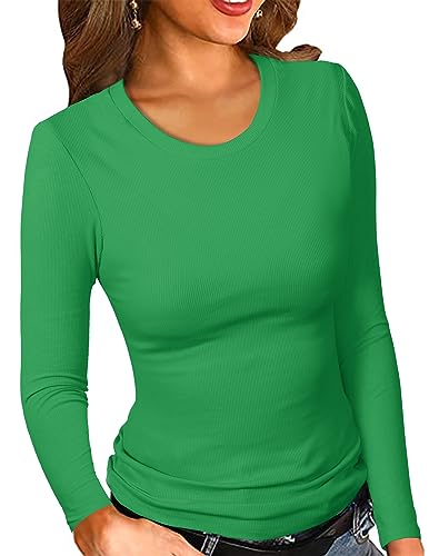 PALINDA Women Long Sleeve Shirts Crew Neck Ribbed Fitted Shirts Basic Stretchy Layering Tee Kelly...