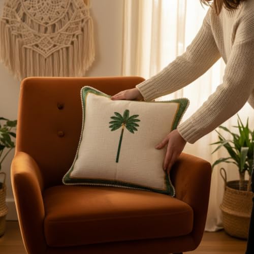 Image of Palm Stories Cushion Cover Set, Plant Pattern | Decorative Pillow Cover & Throws, For Living Room & Bedroom