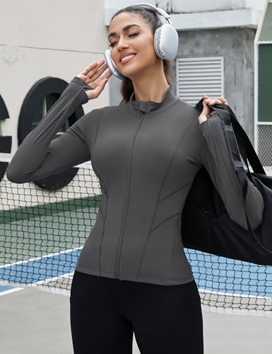 Rapbin Women's Slim Fit Workout Jackets Full Zip Long Sleeve Running Athletic Tops Yoga Shirts with Thumb Holes2