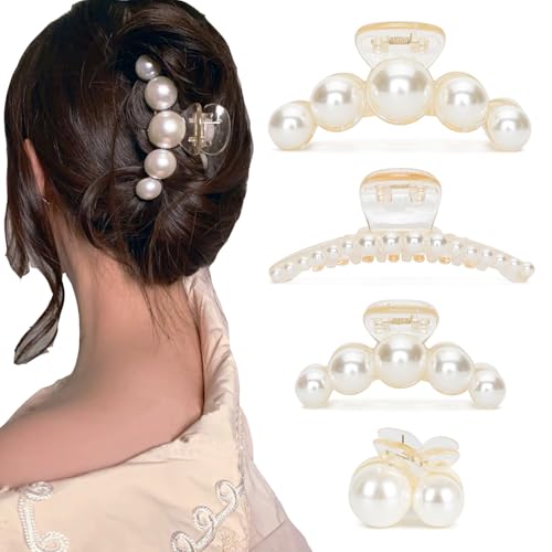 Hair Clips for Women Large High-Gloss Pearl Hair Claw Clip Set Strong Hold No Slip Cherry Banana Jaw Clip Barrettes Hair Accessories Birthday Day Gift for Girl Wife Styling Thick Thin(4 PCS)