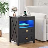 HWB LED Nightstand with Gun Drawer: Bedside Table with Charging Station for Bedroom Furniture – Farmhouse Night Stand with 3 Colors Smart Human Sensor Lights for Living Room End Table, Black
