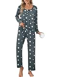 Ekouaer Ladies Pajama Sets Winter Pjs Long Sleeve Top & Pants with Pockets 2 Piece Lounge Set Casual Sleepwear,Grey Stars,Small