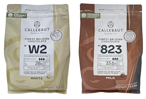 Callebaut Belgian Chocoalte Callets | 2 Pack of 5.51 Bags (2KG) (Milk Chocolate/White Chocolate)