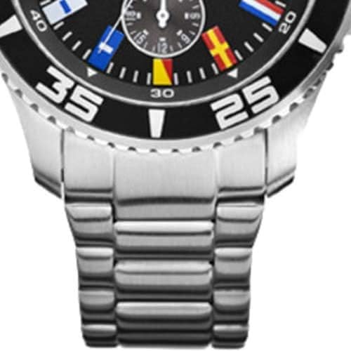 Side view of the Nautica A14631G watch, showing the stainless steel bracelet links and the watch case with the crown and two pushers visible.