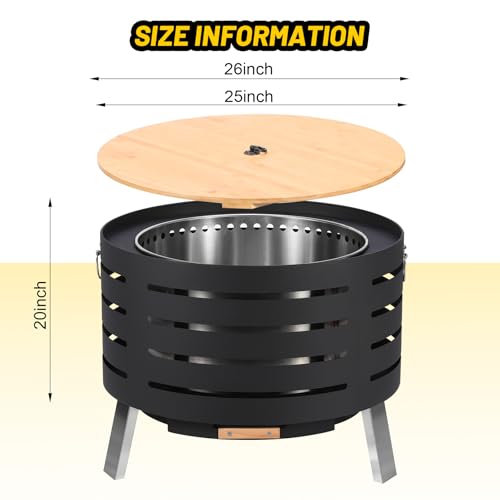 26" Smokeless Fire Pit with Removable Ash Pan, Wood Burning Firepit Table with Fire Poker,Smokeless Outdoor Fireplace with Carrying Bag, Outdoor Fire Pits for BBQ, Table, Bonfire, Camping