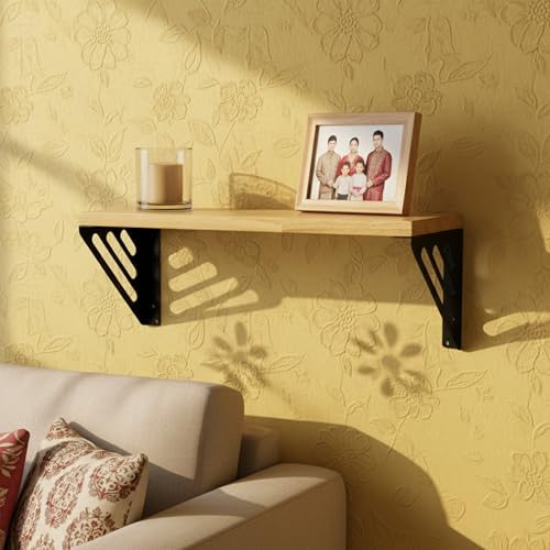 Image of Wall Shelf with Wooden Top Black|White Iron Brackets Storage Rack|Industrial Wall-Mounted Floating Shelf for Living Room,Kitchen,Bathroom (Black Lines Small)