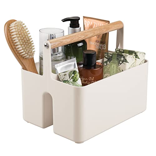 Image of mDesign Plastic Portable Nursery Organizer Caddy Tote, Divided Basket Bin with Natural Oak Handle - Hold Bottles, Spoons, Bibs, Pacifiers, Diapers, Wipes, Baby Lotion - Aura Collection - Cream/Natural