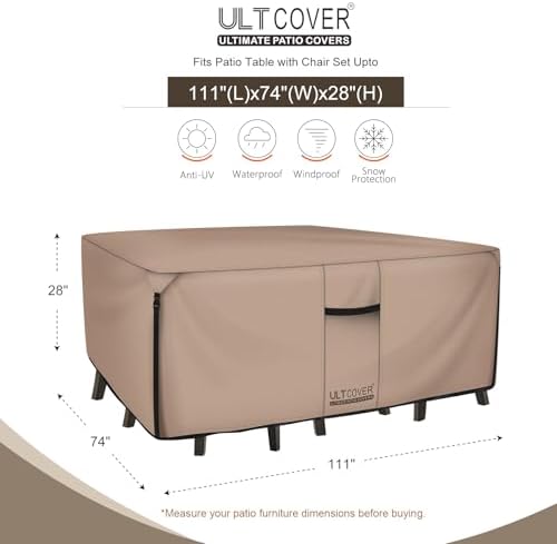 ULTCOVER Rectangular Patio Heavy Duty Table Cover - 600D Tough Canvas Waterproof Outdoor Dining Table and Chairs General Purpose Furniture Cover Size 111L x 74W x 28H inch - 1