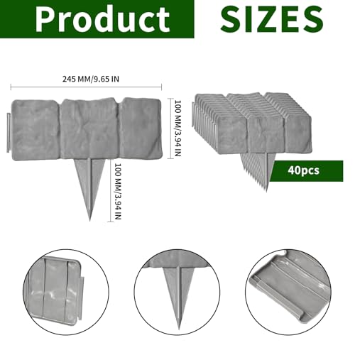 Garden Landscape Edging Borders No Dig,16 ft Lawn Edging for Landscaping,Plastic Fencing Lawn Border,Imitation Stone Fence for DIY Outdoor Patio Balcony Yard Landscaping (20pcs, Gray)