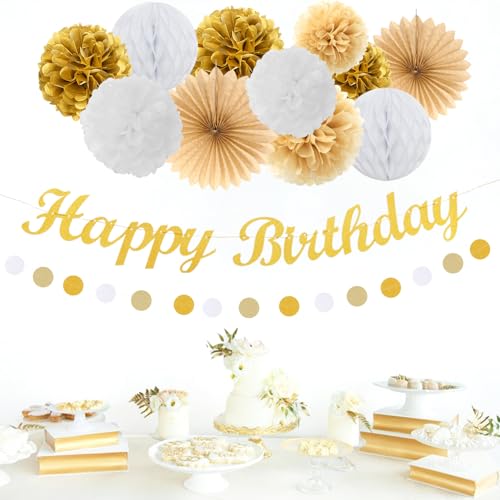 Image of White-Gold Champagne Birthday Party-Decorations Paper-Flowers - 14pcs Happy Banner Engagement Honeycomb Tissue Pom Poms,Women Streamers Garland Beige Fans,21st 18th Girl Hanging Supplies Decor Hugfond