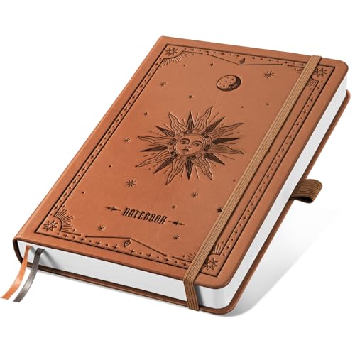 Image of EMSHOI Graph Grid Journal Notebook, 192 Pages, A5 Size (5.7'' x 8.3'') | Leather Hardcover, 100 GSM Thick Paper, for School, Note Taking, Math, Engineering, Sun Debossed (Brown)