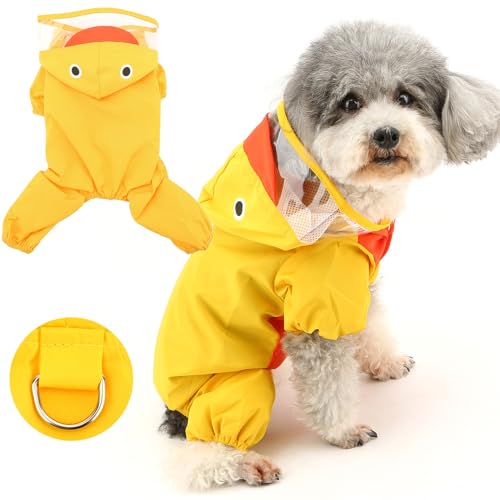 Zunea Small Dog Raincoat Waterproof with Hood Pet Mesh Lined Hooded Rainwear Funny Rabbit Frog Duck Shark Shape Four Leg Rain Suit Costume Puppy Jacket Jumpsuit With D Ring for Harness Leash Yellow XS