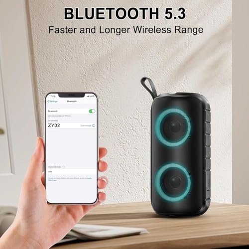 Bluetooth Lautsprecher mit Licht, 2026 Neues Musikbox Tragbarer Bluetooth Box mit 20W Spitze, 52mm Durchmesser Dual Lautsprecher, Tiefer Bass, RGB Lichter, IPX7 Outdoor Speaker für Reisen/Party/Strand