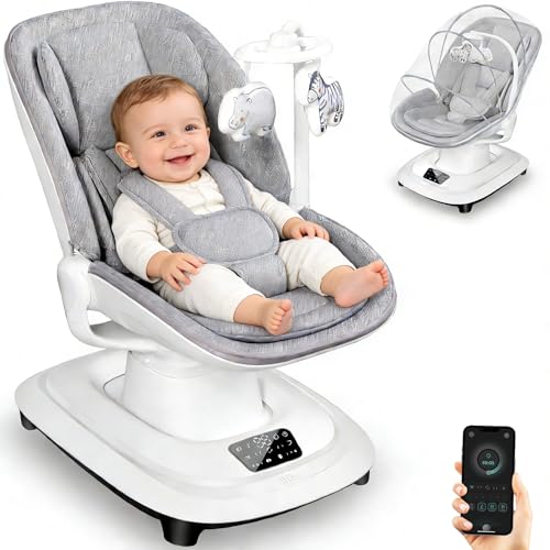 Baby Swings Newborn Nursery Essentials Electric 3D-Motion Baby Swings with 7 Modes 5-Point Harness APP Control 12 Preset Melodies Indoor Toddler Swing for Boys Girls (Gray)