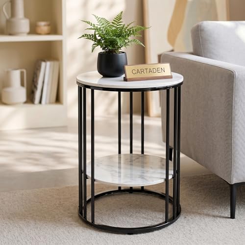 Image of CARTADEN Side Table, Small Round End Table with Lower Shelf, Nightstand for Small Spaces, Bedside Coffee Table for Living Room, Bedroom Black White