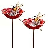 Handgefertigter Blumen-Gartenstecker Aus Metall, Doppelfunktions-Metallblumen-Vogeltränke Und Bestäuber-Wasserstation, Rote Vogelbadschale for Hof, Rasen, Terrasse, Landschaftsdekoration(Red,2pcs)