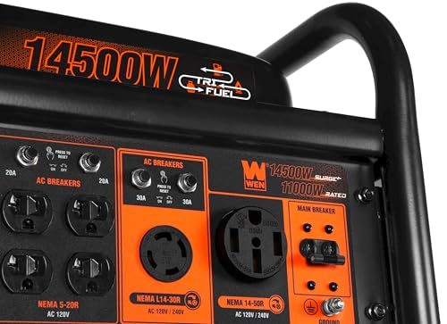 Image of WEN 14,500-Watt 120V /240V Tri-Fuel Generator for Gas, Propane, and Natural Gas, Transfer-Switch Ready with Electric Start, Wheel Kit, and CO Watchdog (TF-1450X), Black & Red