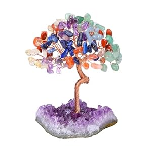 Top Plaza 7 Chakra Crystal Tree Healing Crystal Stones Wrapped on Natural Raw Amethyst Cluster Base Handmade Gemstone Life Tree Mini Money Trees Home Office Desk Decor Good Luck