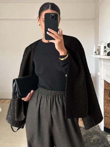 HOTIAN Women Cropped Wool Blend Coats Long Sleeve Coat Jacket Peacoat Fall Winter Outwear Overcoat Black2