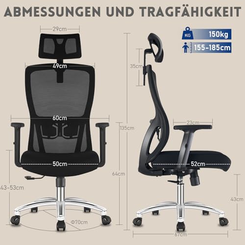 Durrafy Ergonomischer Bürostuhl, Schreibtischstuhl Höhenverstellbar, Drehstuhl mit Verstellbarer Lendenwirbelstütze und Kopfstütze, 90°-130°Liegefunktion, Bürostuhl bis 150 kg Belastbar, Schwarz