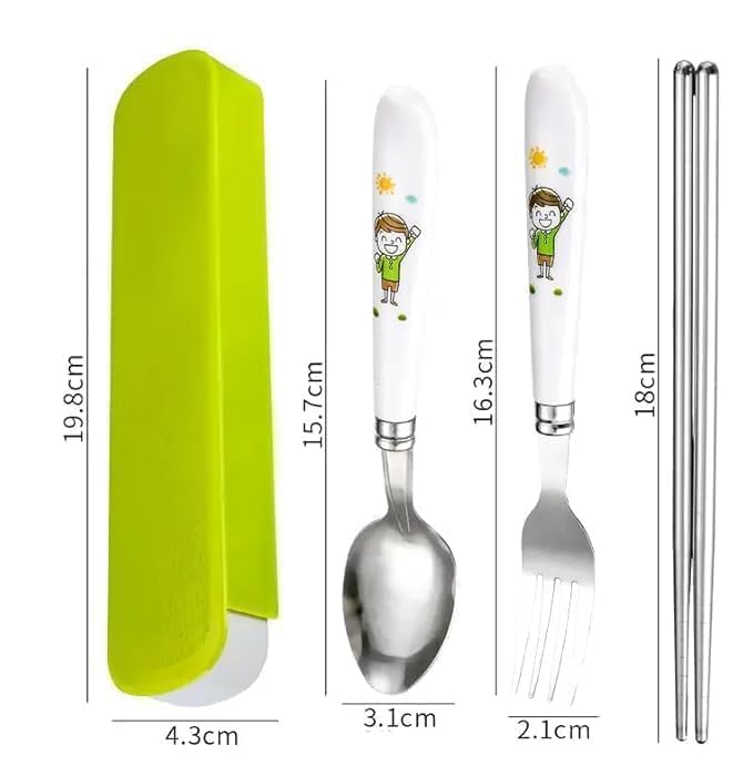 Image of 4 Pcs Cutlery Set with Storage Case, Stainless Steel Spoon Fork Chopsticks Set for School Lunch Box, Travel Camping Portable Reusable Tableware for Boys Girls (Set of 1 Multicolor)