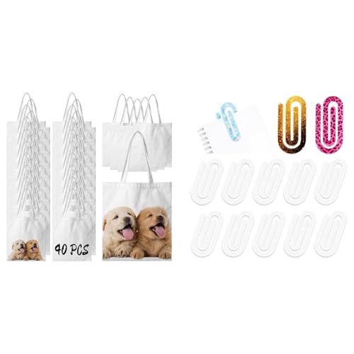 Joyclub Bundle of 40 Pieces Sublimation Tote Bags Blanks Bulk and 12 Pcs Acrylic Jumbo Paper Clips