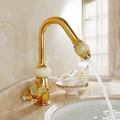 WANDOM Cocina Jade Extraíble Grifo de lavabo dorado frío y caliente Lavabo de un solo orificio Lavabo retráctil Cobre-Dorado Cover