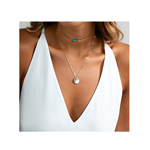 Preisvergleich Produktbild Edary Layered Choker Halskette Türkis Anhänger Pailletten Halsketten Schmuck verstellbar für Frauen und Mädchen (Gold)