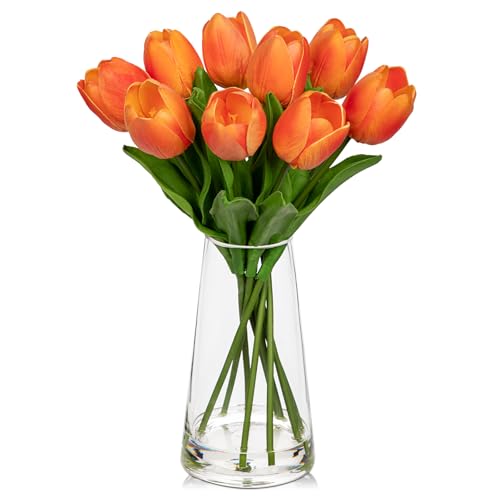 Hollyone 9PCS Fake Tulips Artificial Tulip Flowers in Glass Vase with Faux Water, 14.2 Real Touch Orange Tulip Flowers Décor for Table Centerpiece Home Farmhouse Resto Wedding Decoration