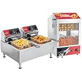 CROSSON Hot Dog Dampfgarer 42L, 175 Hot Dogs und 50 Brötchen,12L Elektrische Fritteuse mit doppeltem Tank und rotierendem Fritteusenkopf