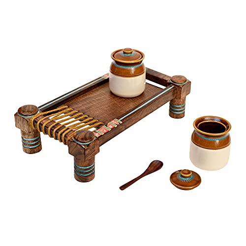 Image of AAKRITI ART CREATIONS Chatore Barni Set of 2 on Ethnic Charpai Stand | Ceramic Achar ki Barni & Mukhwas Box | Handcrafted Modern Art Storage Jar for Spice & Pickle
