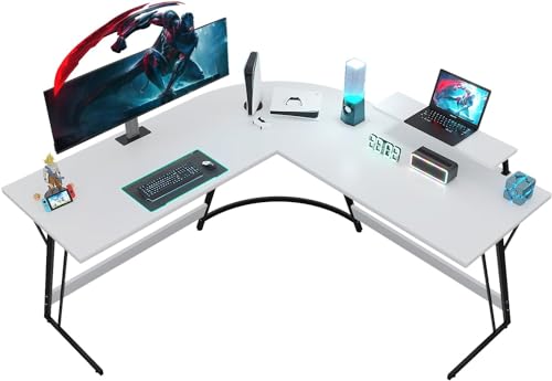 JUMMICO Corner Desk, 130 x 130 x 75 cm, Gaming Desk with Monitor Stand, L Shape, Gaming Table L-shaped, Large PC Corner Table, White