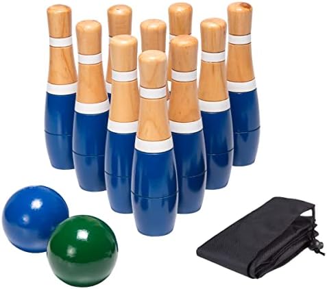 Hey! Play! Lawn Bowling Game/Skittle Ball- Indoor and Outdoor Fun for Toddlers, Kids, Adults -10 Wooden Pins, 2 Balls, and Mesh Bag Set by (8 Inch)