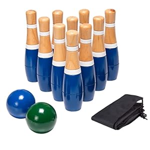 13-Piece Wood Bowling Set – Indoor/Outdoor Bowling Game for Adults and Kids Ages 3 and Up – 10 Wood Pins, 2 Balls, and Carrying Bag by Hey Play (Blue)