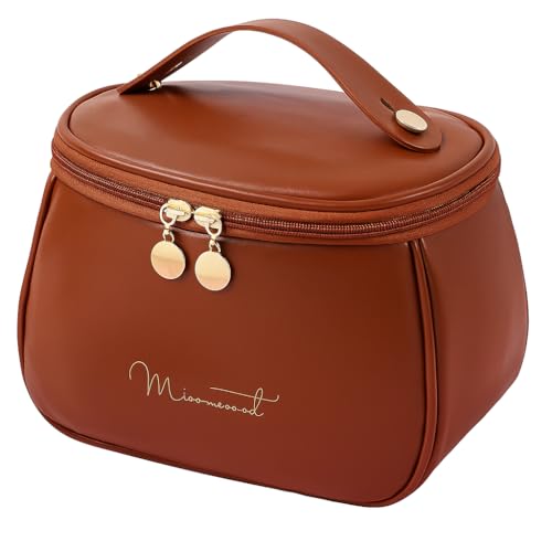 Bolsa Necessaire Feminina Elegante, para Maquiagens, em Couro Sintético, com Compartimentos para Cosméticos e Pincéis (Marrom Caramelo)