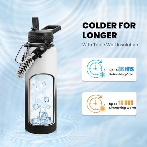 Image of RAYMYLO Insulated Water Bottle 40 oz, Triple Wall Vacuum Stainless Steel (Cold for 36Hrs, Hot for 18Hrs), Leak Proof & Non-BPA, Modern Water Flask Jug with Paracord Handle & Straw Spout Lids