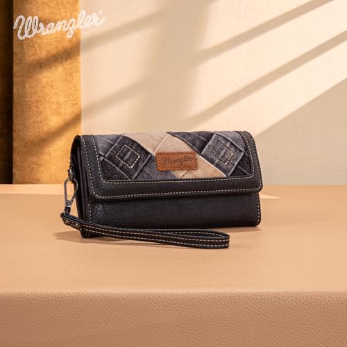 Image of Montana West X Wrangler Black Wallet for Women Large Wristlet Wallets Trifold Clutch Phone Wallet Ladies Female Western Travel Wallets with Coin Purse