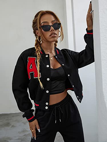 Verdusa Women's Letter Print Single Breasted Long Sleeve Colorblock Bomber Jackets Black M #TOP3
